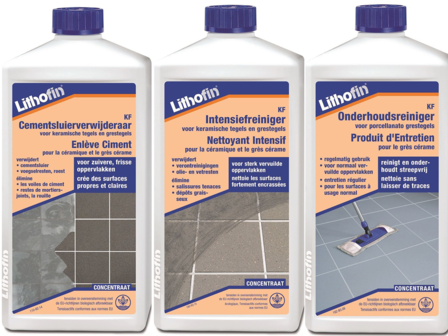 Lithofin KF Kit de nettoyage NOUVEAU SOL - Enl&egrave;ve Ciment, Nettoyant intensif et d&#039;entretien - 3 x 1L